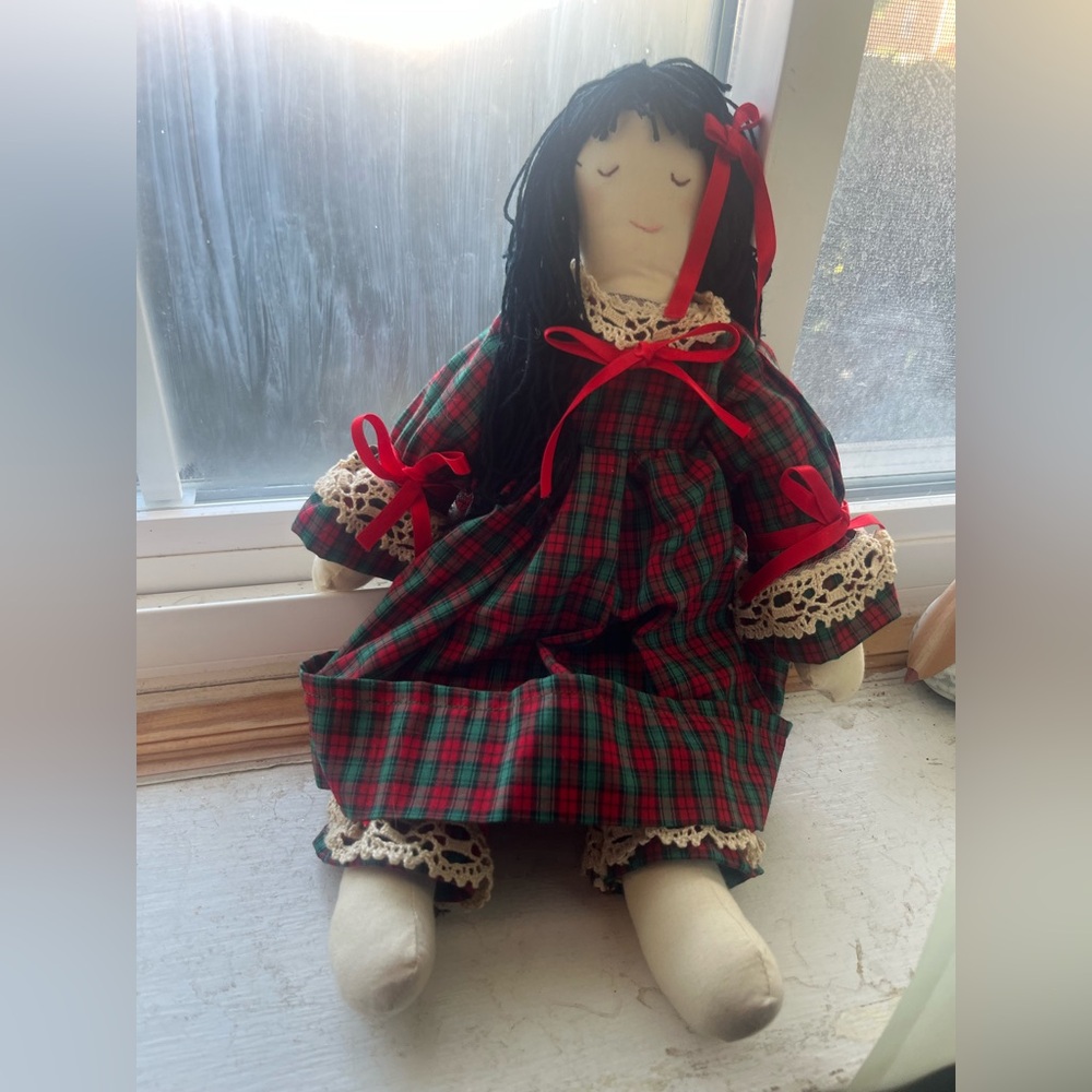 Vintage Plaid Rag Doll with Red Accents Christmas